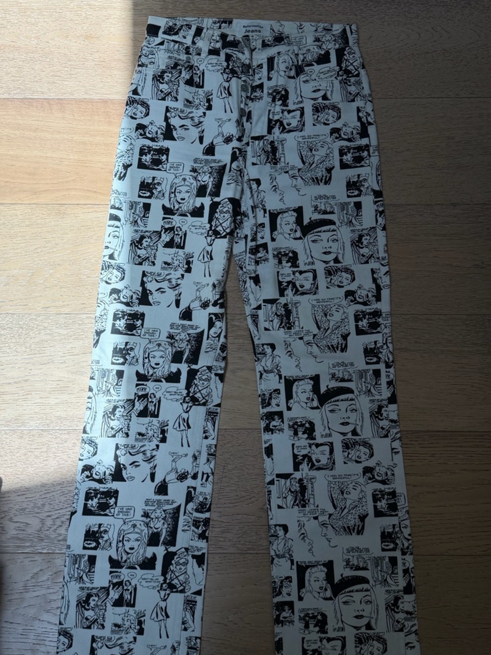 Reformation White Jeans with Black Comic Print